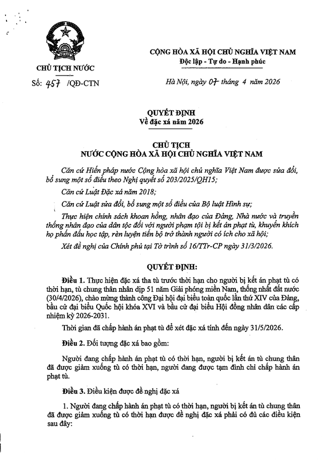 TOÀN VĂN: Quyết định 457/QĐ-CTN về đặc xá năm 2026- Ảnh 1.