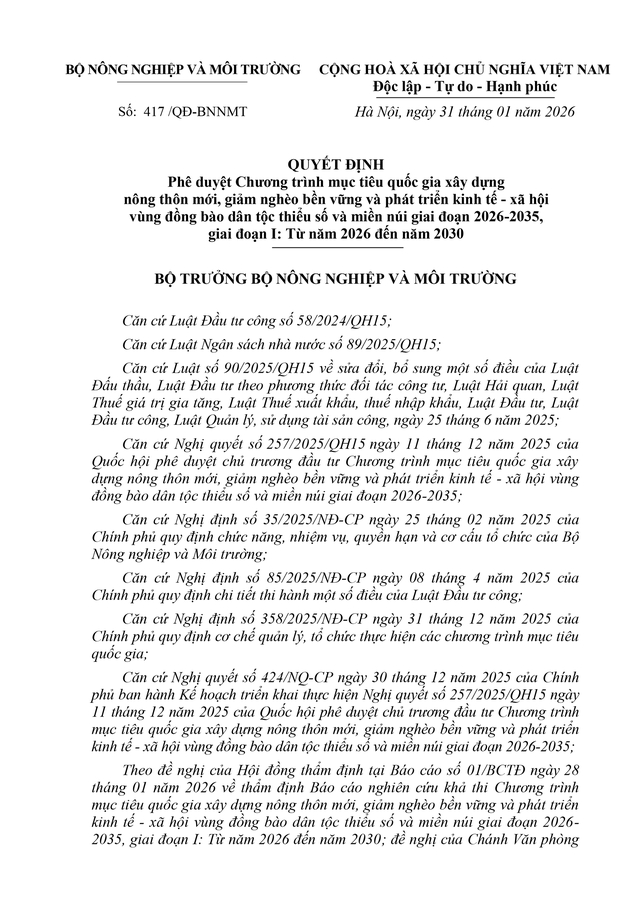 TOÀN VĂN: Quyết định 417/QĐ-BNNMT về xây dựng nông thôn mới, phát triển kinh tế - xã hội- Ảnh 1. TOÀN VĂN: Quyết định 417/QĐ-BNNMT về xây dựng nông thôn mới, phát triển kinh tế - xã hội- Ảnh 1.