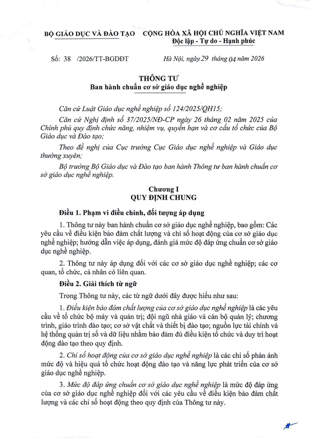TOÀN VĂN: Thông tư số 38/2026/TT-BGDĐT ban hành chuẩn cơ sở giáo dục nghề nghiệp- Ảnh 1.