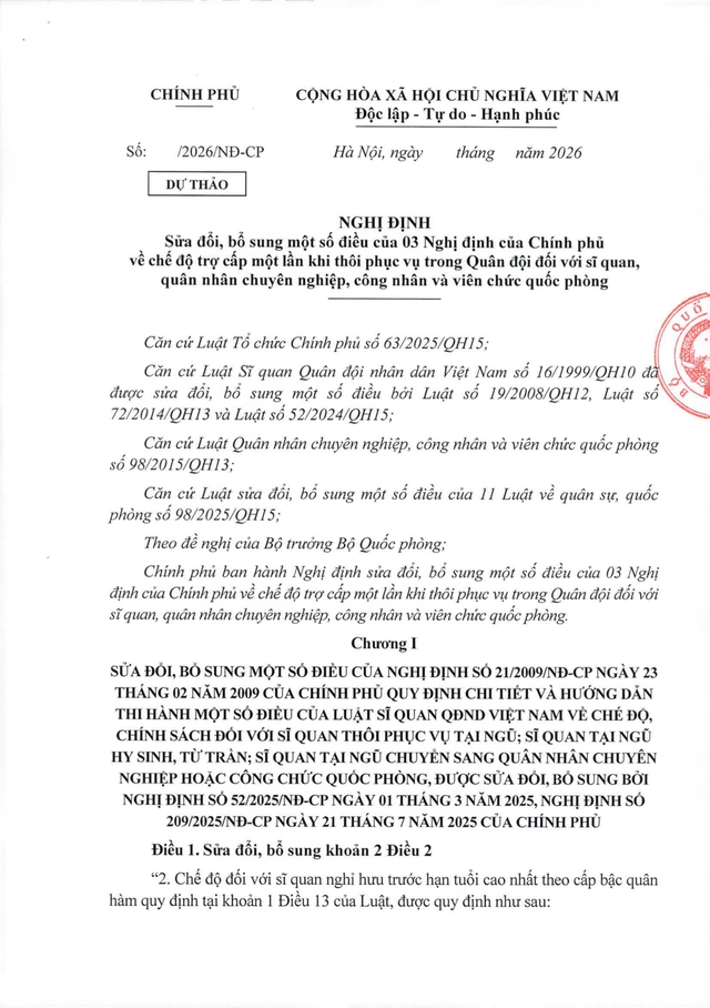Dự thảo Nghị định về chế độ trợ cấp 1 lần khi thôi phục vụ trong Quân đội- Ảnh 1. Dự thảo Nghị định về chế độ trợ cấp 1 lần khi thôi phục vụ trong Quân đội- Ảnh 1.
