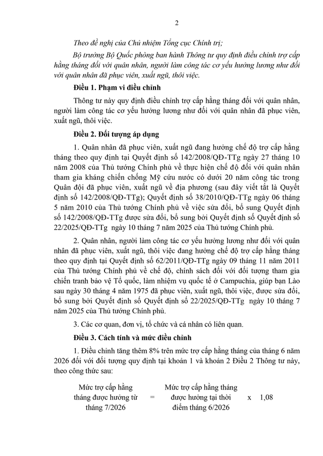TOÀN VĂN: Dự thảo Thông tư điều chỉnh trợ cấp hằng tháng cho quân nhân, cơ yếu đã phục viên, xuất ngũ, thôi việc- Ảnh 2. TOÀN VĂN: Dự thảo Thông tư điều chỉnh trợ cấp hằng tháng cho quân nhân, cơ yếu đã phục viên, xuất ngũ, thôi việc- Ảnh 2.