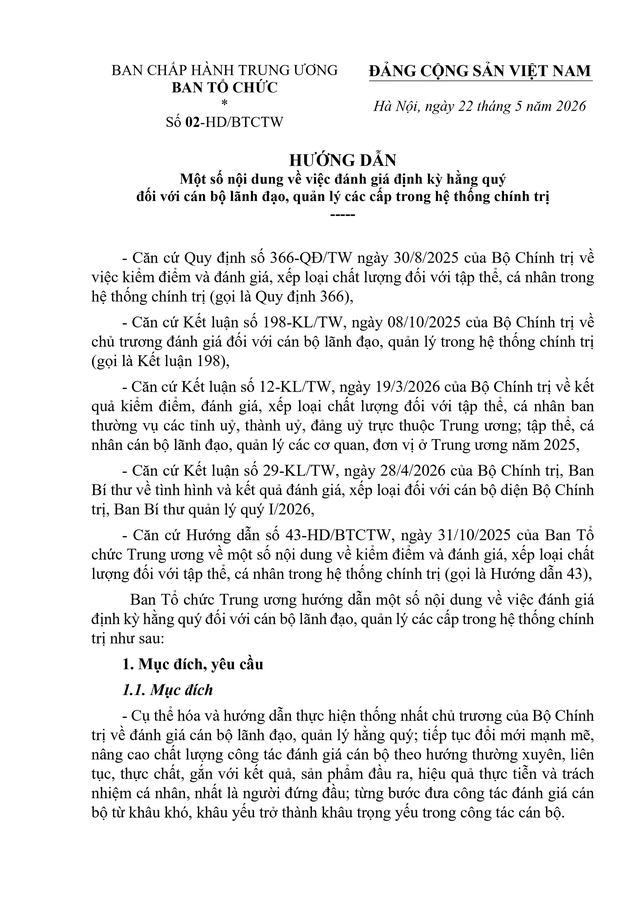 Hướng dẫn số 02-HD/BTCTW đánh giá cán bộ hằng quý với lãnh đạo, quản lý các cấp trong hệ thống chính trị- Ảnh 1.