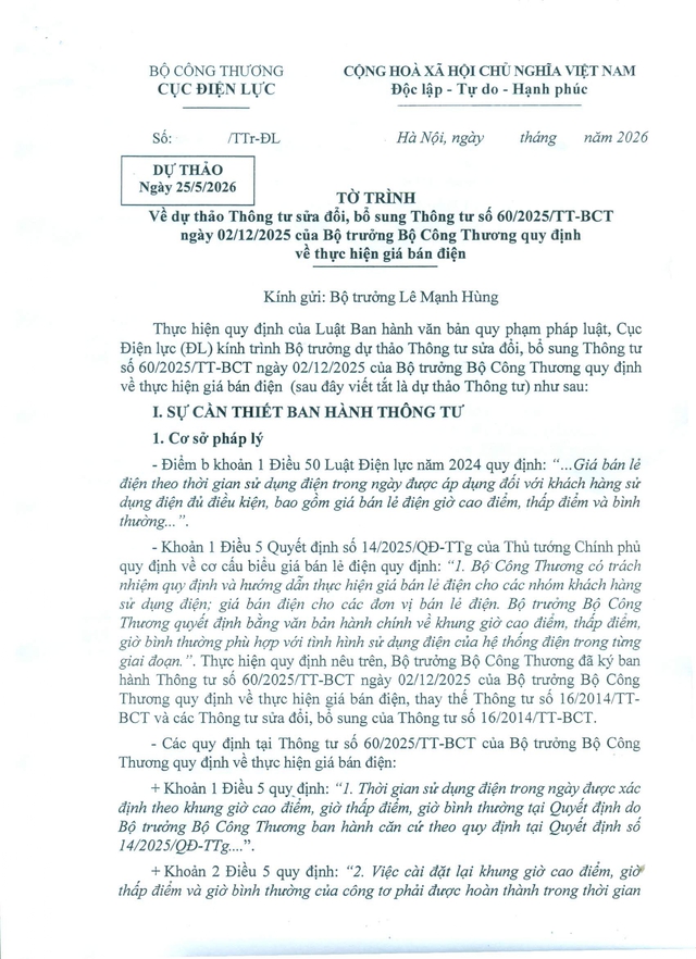 TOÀN VĂN: Dự thảo Thông tư sửa đổi, bổ sung Thông tư số 60/2025/TT-BCT về thực hiện giá bán điện- Ảnh 1. TOÀN VĂN: Dự thảo Thông tư sửa đổi, bổ sung Thông tư số 60/2025/TT-BCT về thực hiện giá bán điện- Ảnh 1.