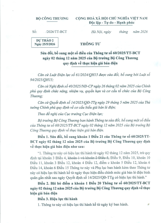 TOÀN VĂN: Dự thảo Thông tư sửa đổi, bổ sung Thông tư số 60/2025/TT-BCT về thực hiện giá bán điện- Ảnh 8. TOÀN VĂN: Dự thảo Thông tư sửa đổi, bổ sung Thông tư số 60/2025/TT-BCT về thực hiện giá bán điện- Ảnh 8.