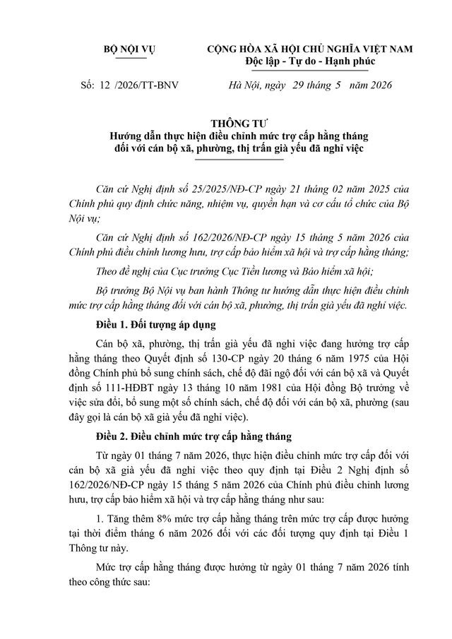TOÀN VĂN: Thông tư 12/2026/TT-BNV hướng dẫn điều chỉnh mức trợ cấp hằng tháng với cán bộ xã già yếu đã nghỉ việc- Ảnh 1. TOÀN VĂN: Thông tư 12/2026/TT-BNV hướng dẫn điều chỉnh mức trợ cấp hằng tháng với cán bộ xã già yếu đã nghỉ việc- Ảnh 1.