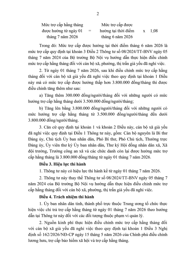 TOÀN VĂN: Thông tư 12/2026/TT-BNV hướng dẫn điều chỉnh mức trợ cấp hằng tháng với cán bộ xã già yếu đã nghỉ việc- Ảnh 2. TOÀN VĂN: Thông tư 12/2026/TT-BNV hướng dẫn điều chỉnh mức trợ cấp hằng tháng với cán bộ xã già yếu đã nghỉ việc- Ảnh 2.
