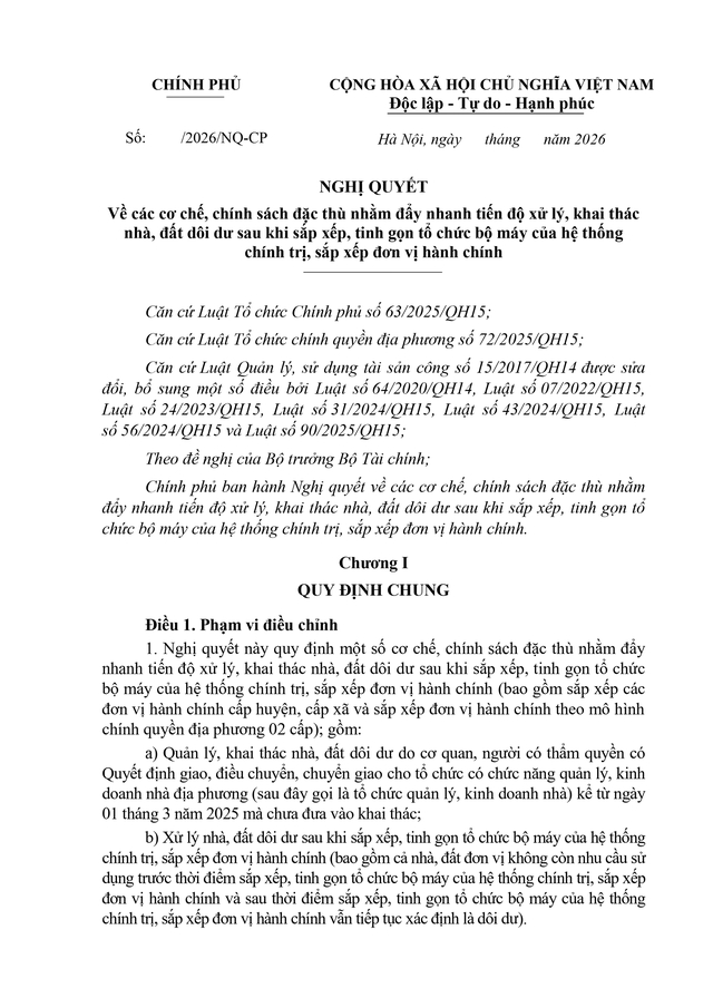 Dự thảo Nghị quyết về cơ chế, chính sách đặc thù xử lý nhà, đất dôi dư sau sắp xếp bộ máy- Ảnh 1.