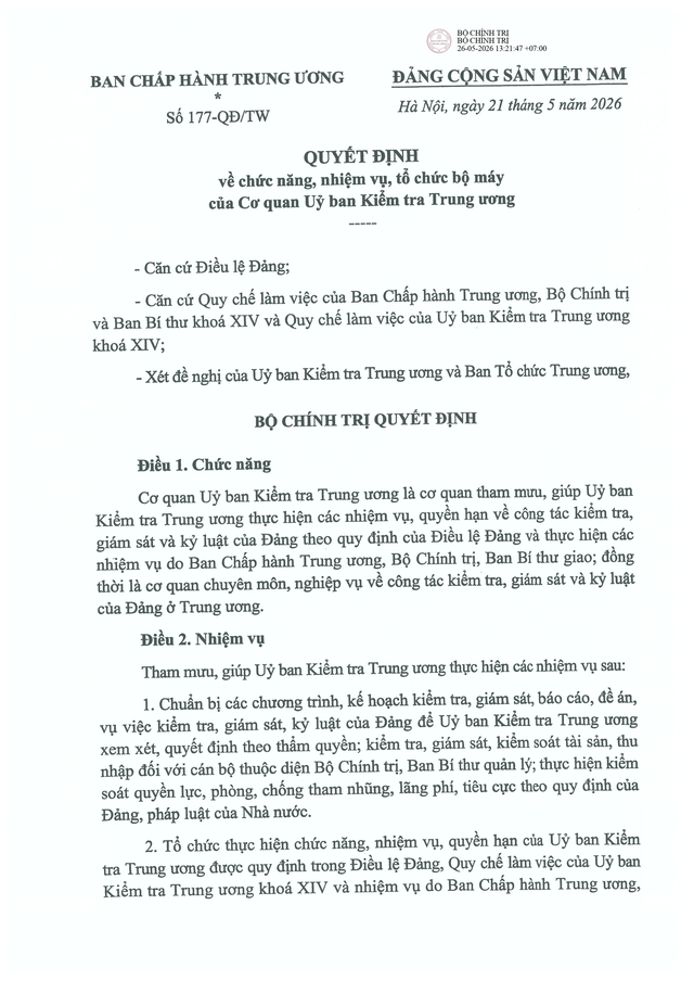 Quyết định số 177-QĐ/TW về chức năng, nhiệm vụ, tổ chức bộ máy của Cơ quan Ủy ban Kiểm tra Trung ương - Ảnh 2. Quyết định số 177-QĐ/TW về chức năng, nhiệm vụ, tổ chức bộ máy của Cơ quan Ủy ban Kiểm tra Trung ương - Ảnh 2.