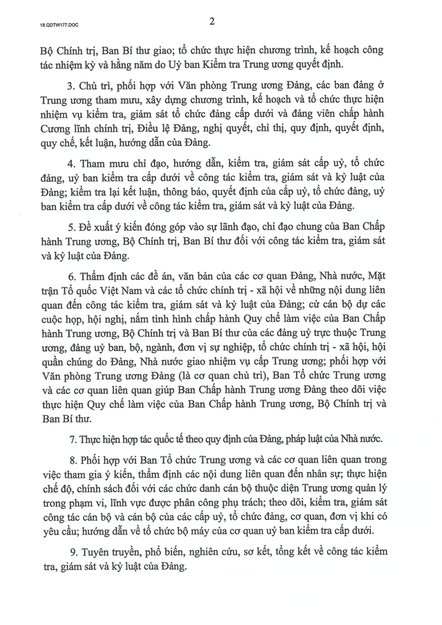 Quyết định số 177-QĐ/TW về chức năng, nhiệm vụ, tổ chức bộ máy của Cơ quan Ủy ban Kiểm tra Trung ương - Ảnh 3. Quyết định số 177-QĐ/TW về chức năng, nhiệm vụ, tổ chức bộ máy của Cơ quan Ủy ban Kiểm tra Trung ương - Ảnh 3.