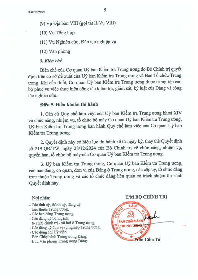 Quyết định số 177-QĐ/TW về chức năng, nhiệm vụ, tổ chức bộ máy của Cơ quan Ủy ban Kiểm tra Trung ương - Ảnh 6. Quyết định số 177-QĐ/TW về chức năng, nhiệm vụ, tổ chức bộ máy của Cơ quan Ủy ban Kiểm tra Trung ương - Ảnh 6.