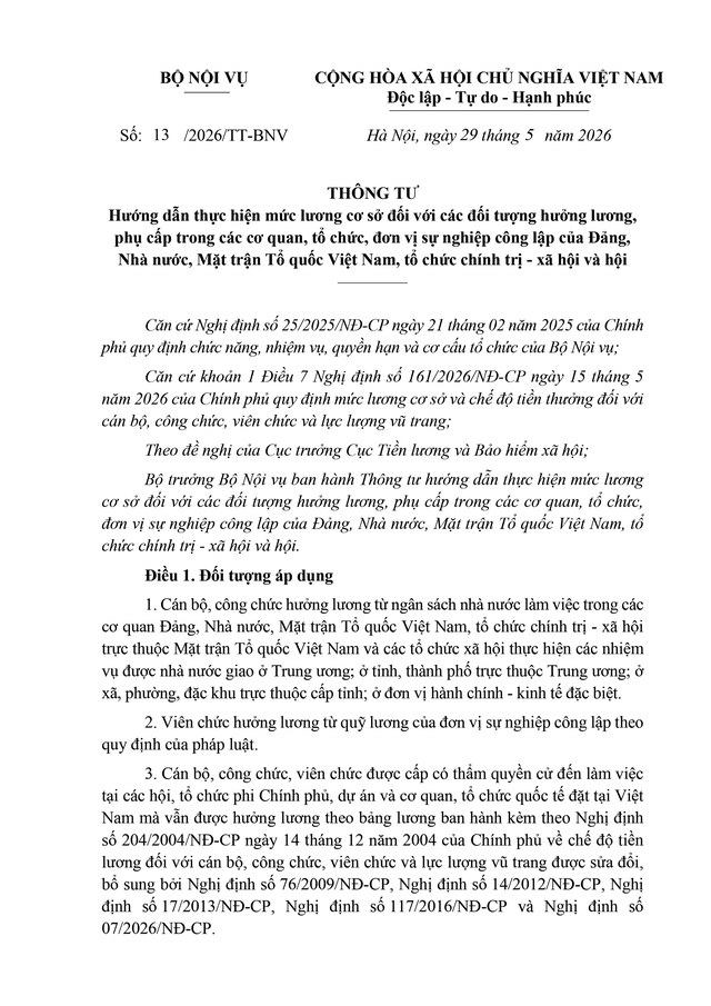 TOÀN VĂN: Thông tư 13/2026/TT-BNV hướng dẫn thực hiện mức lương cơ sở mới từ 1/7- Ảnh 1.
