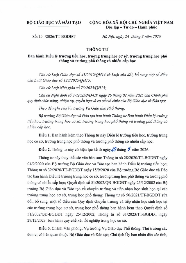 TOÀN VĂN Thông tư số 15/2026/TT-BGDĐT: Điều lệ trường tiểu học, trường trung học cơ sở, trường trung học phổ thông và trường phổ thông có nhiều cấp học- Ảnh 1.