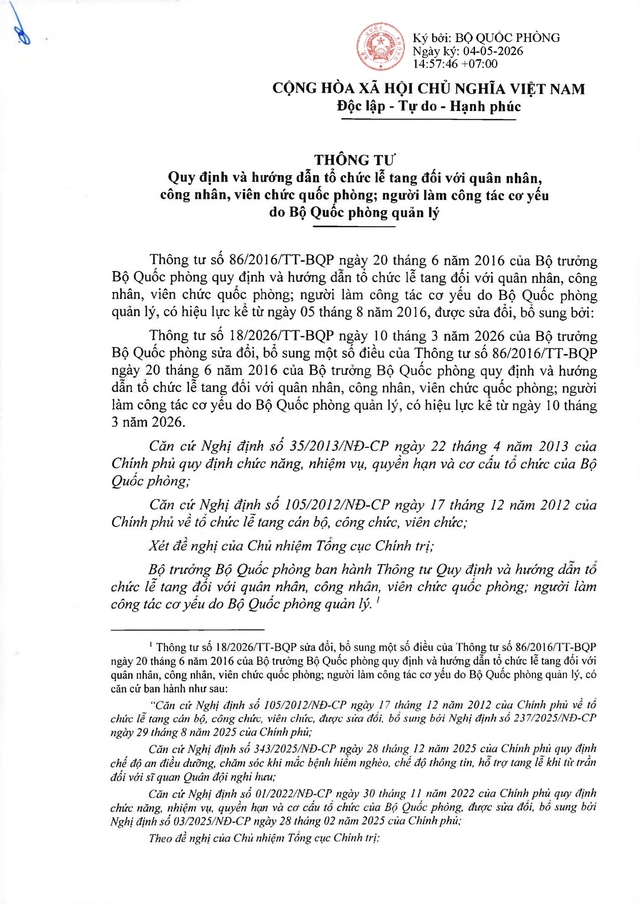 Thông tư quy định, hướng dẫn tổ chức lễ tang quân nhân, công nhân, viên chức, người làm công tác cơ yếu quốc phòng- Ảnh 1.