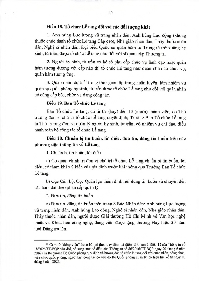 Thông tư quy định, hướng dẫn tổ chức lễ tang quân nhân, công nhân, viên chức, người làm công tác cơ yếu quốc phòng- Ảnh 15.