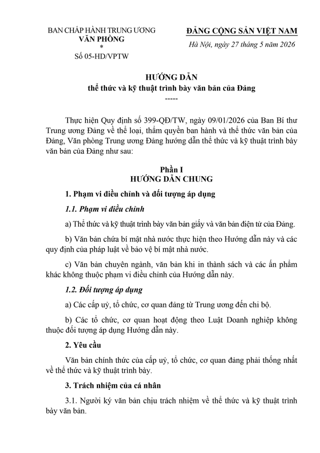 Hướng dẫn số 05-HD/VPTW về thể thức và kỹ thuật trình bày văn bản của Đảng- Ảnh 1. Hướng dẫn số 05-HD/VPTW về thể thức và kỹ thuật trình bày văn bản của Đảng- Ảnh 1.