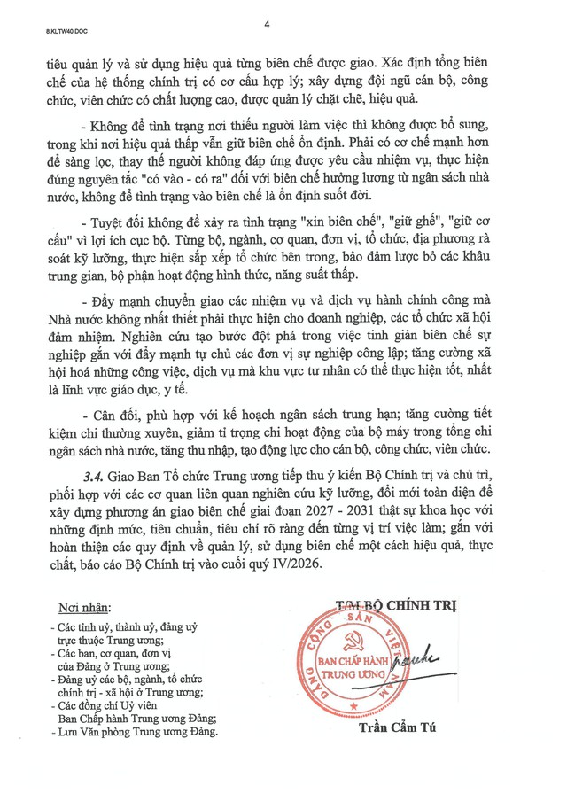 TOÀN VĂN: Kết luận số 40-KL/TW về quản lý biên chế; giao biên chế năm 2026 và định hướng giai đoạn 2027-2031- Ảnh 6.