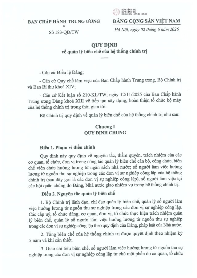 Quy định số 183-QĐ/TW về quản lý biên chế của hệ thống chính trị- Ảnh 1. Quy định số 183-QĐ/TW về quản lý biên chế của hệ thống chính trị- Ảnh 1.
