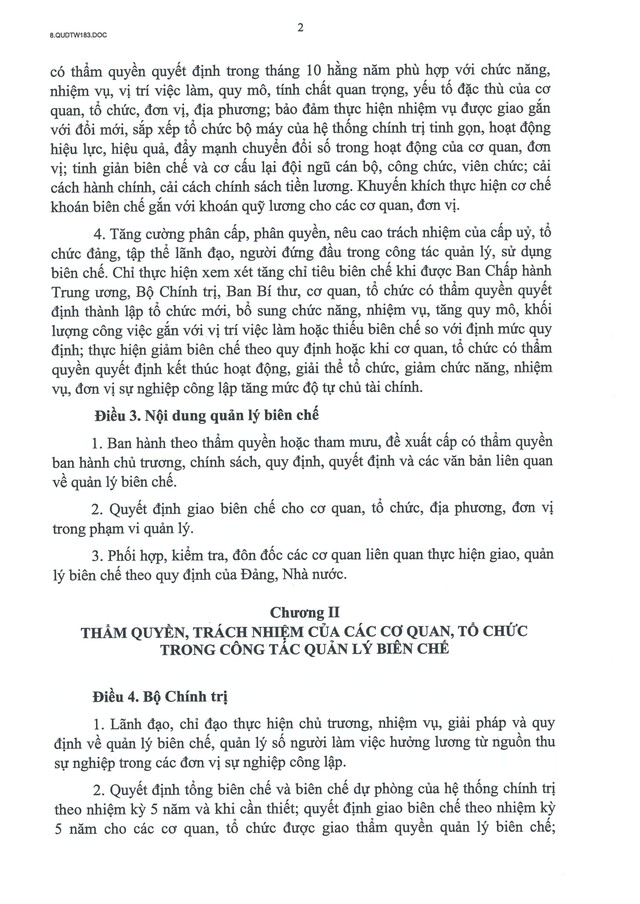 Quy định số 183-QĐ/TW về quản lý biên chế của hệ thống chính trị- Ảnh 2. Quy định số 183-QĐ/TW về quản lý biên chế của hệ thống chính trị- Ảnh 2.