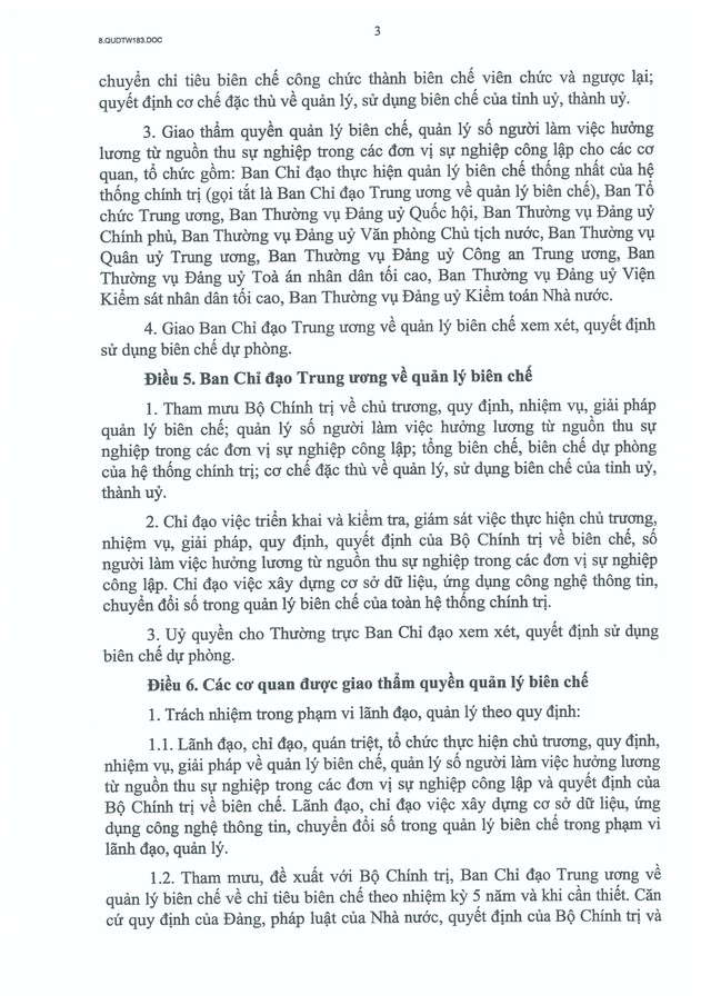 Quy định số 183-QĐ/TW về quản lý biên chế của hệ thống chính trị- Ảnh 3. Quy định số 183-QĐ/TW về quản lý biên chế của hệ thống chính trị- Ảnh 3.