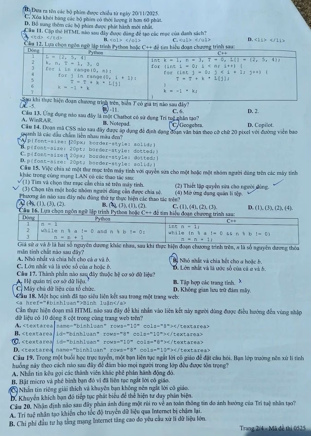 THI TỐT NGHIỆP THPT 2026: Đề thi môn Tin học, gợi ý đáp án- Ảnh 2. THI TỐT NGHIỆP THPT 2026: Đề thi môn Tin học, gợi ý đáp án- Ảnh 2.