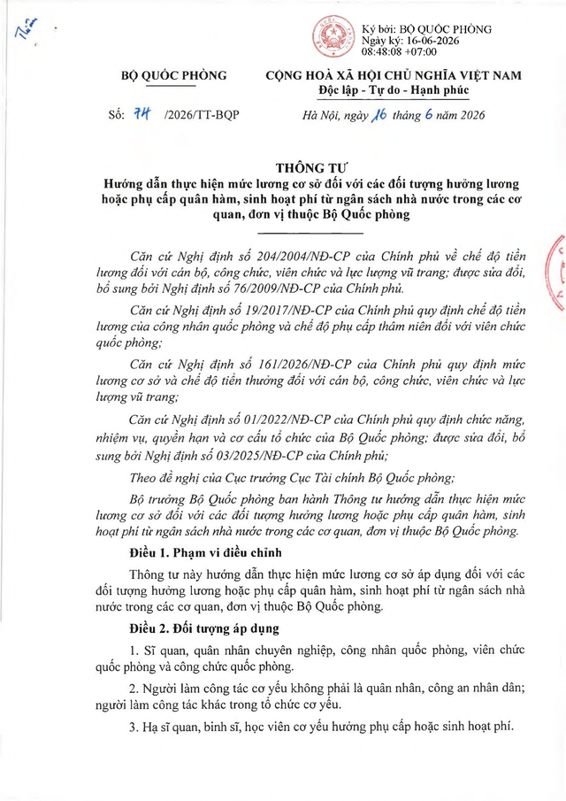 TOÀN VĂN: Thông tư 74/2026/TT-BQP hướng dẫn thực hiện mức lương cơ sở trong Quân đội- Ảnh 1. TOÀN VĂN: Thông tư 74/2026/TT-BQP hướng dẫn thực hiện mức lương cơ sở trong Quân đội- Ảnh 1.
