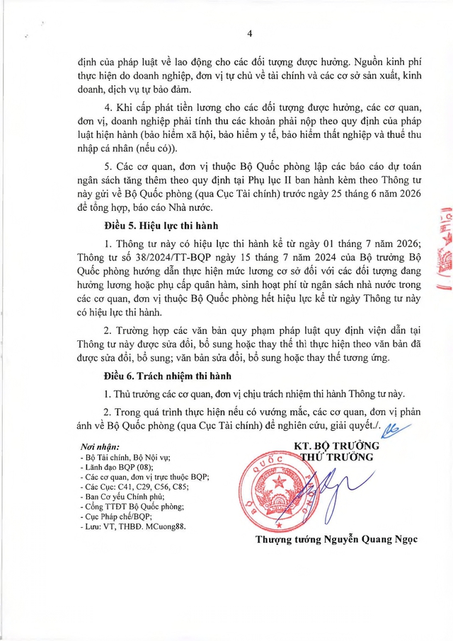 TOÀN VĂN: Thông tư 74/2026/TT-BQP hướng dẫn thực hiện mức lương cơ sở trong Quân đội- Ảnh 4. TOÀN VĂN: Thông tư 74/2026/TT-BQP hướng dẫn thực hiện mức lương cơ sở trong Quân đội- Ảnh 4.