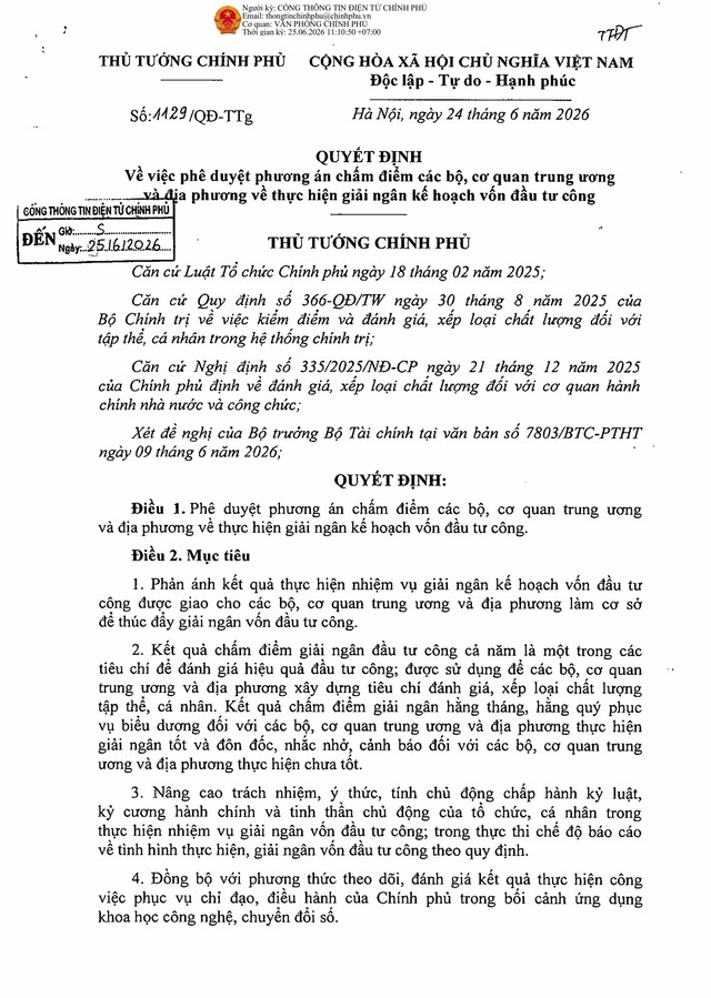 Quyết định số 1129/QĐ-TTg: PHƯƠNG ÁN CHẤM ĐIỂM GIẢI NGÂN KẾ HOẠCH VỐN ĐẦU TƯ CÔNG- Ảnh 2.