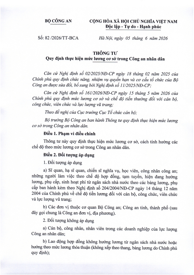 TOÀN VĂN: Thông tư 82/2026/TT-BCA quy định thực hiện mức lương cơ sở trong Công an nhân dân- Ảnh 1.