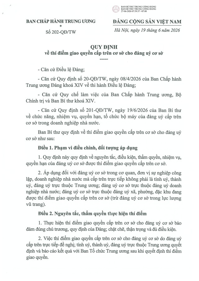 Quy định số 202-QĐ/TW: Ban Bí thư thí điểm giao quyền cấp trên cơ sở cho đảng ủy cơ sở- Ảnh 1.