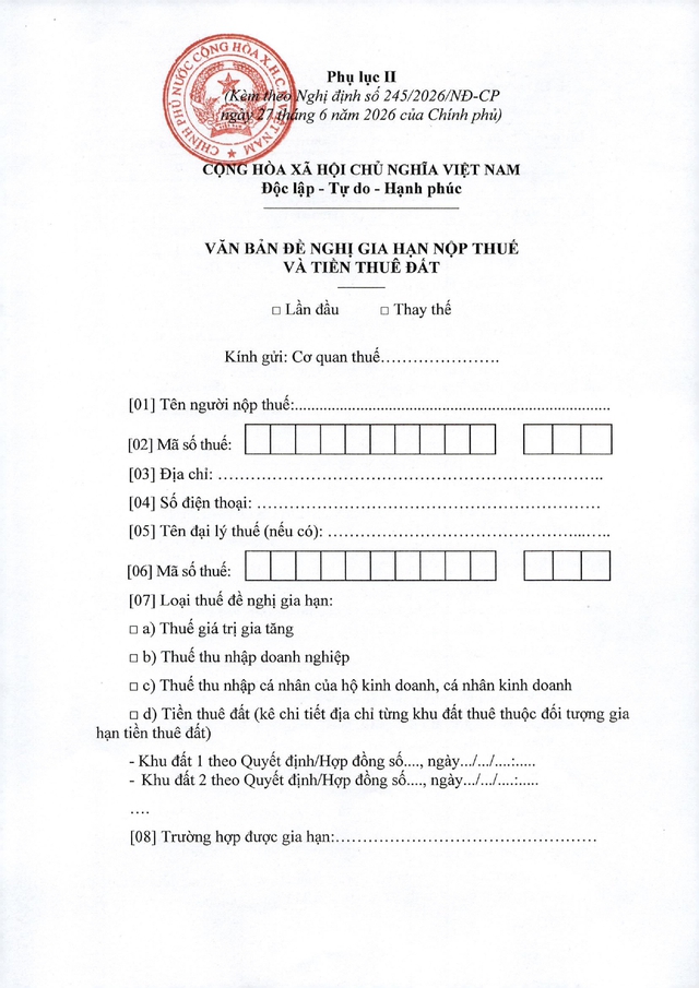 Mẫu văn bản đề nghị GIA HẠN NỘP THUẾ VÀ TIỀN THUÊ ĐẤT- Ảnh 1.