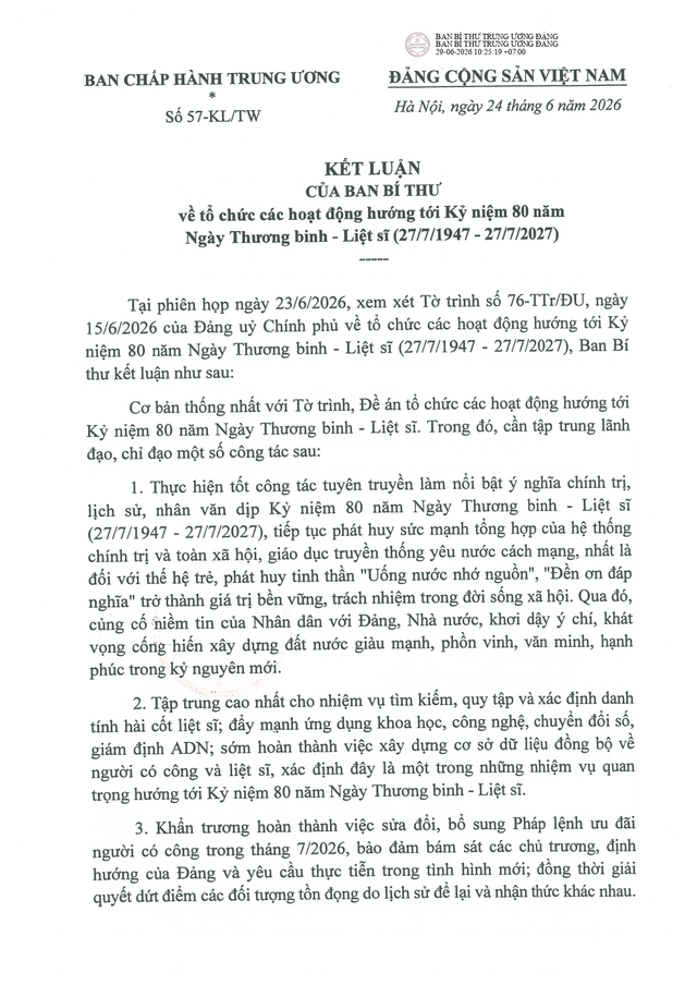 Kết luận số 57-KL/TW của Ban Bí thư về tổ chức các hoạt động hướng tới Kỷ niệm 80 năm Ngày Thương binh-Liệt sĩ (27/7/1947-27/7/2027)- Ảnh 1.