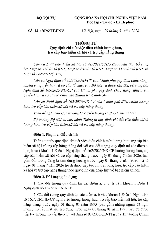 Thông tư số 14/2026/TT-BNV quy định chi tiết về điều chỉnh lương hưu, trợ cấp bảo hiểm xã hội, trợ cấp hằng tháng- Ảnh 1.