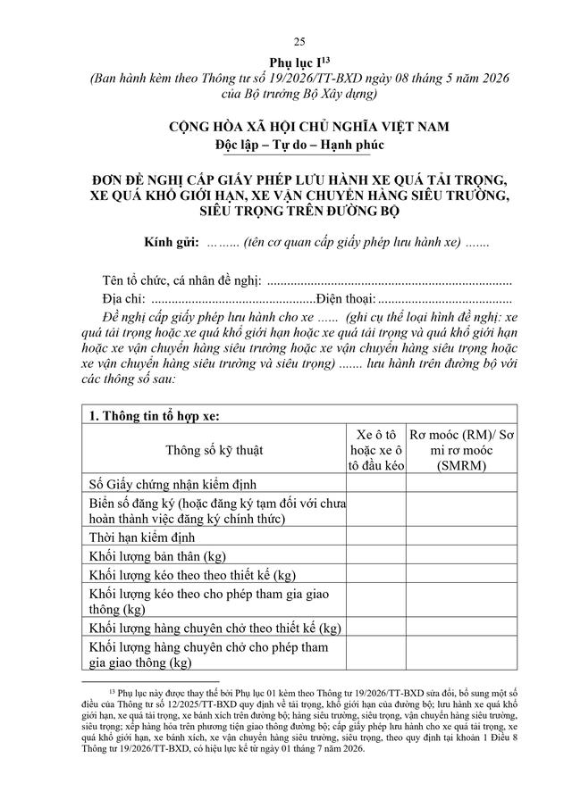 Văn bản hợp nhất số 26/VBHN-BXD quy định cấp giấy phép lưu hành cho các loại xe; tải trọng, khổ giới hạn;...- Ảnh 25.