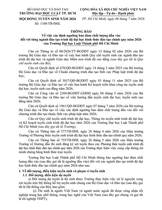 Điểm sàn Trường Đại học Luật thành phố Hồ Chí Minh 2026- Ảnh 2.