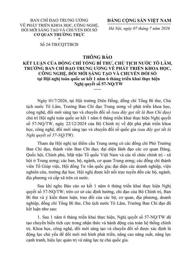 Thông báo số 24-TB/CQTTBCĐ kết luận của đồng chí Tổng Bí thư, Chủ tịch nước Tô Lâm tại Hội nghị toàn quốc sơ kết triển khai thực hiện Nghị quyết số 57-NQ/TW- Ảnh 2.