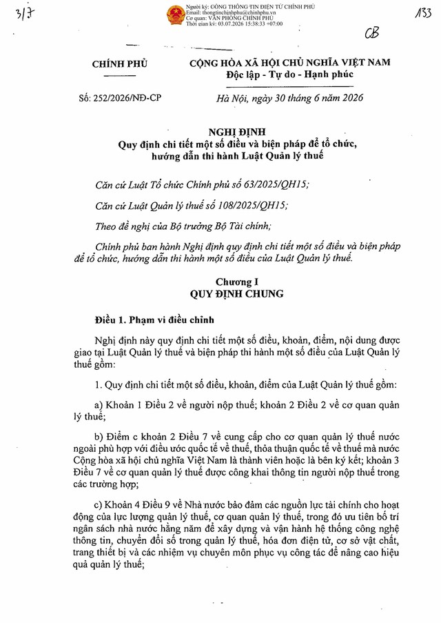 TOÀN VĂN: Nghị định 252/2026/NĐ-CP hướng dẫn thi hành Luật Quản lý thuế- Ảnh 1.