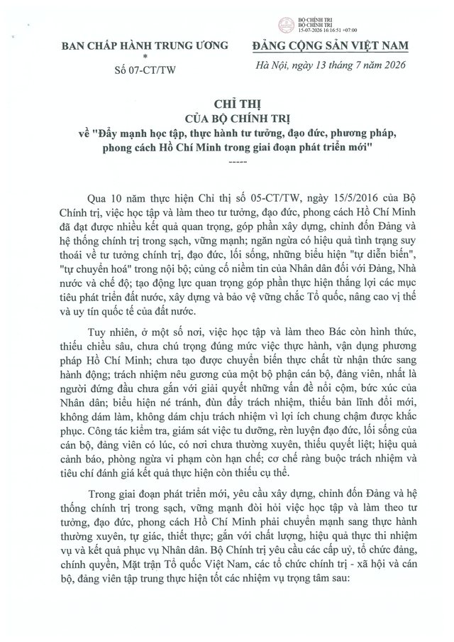 Chỉ thị số 07-CT/TW của Bộ Chính trị về "Đẩy mạnh học tập, thực hành tư tưởng, đạo đức, phương pháp, phong cách Hồ Chí Minh trong giai đoạn phát triển mới"- Ảnh 1.