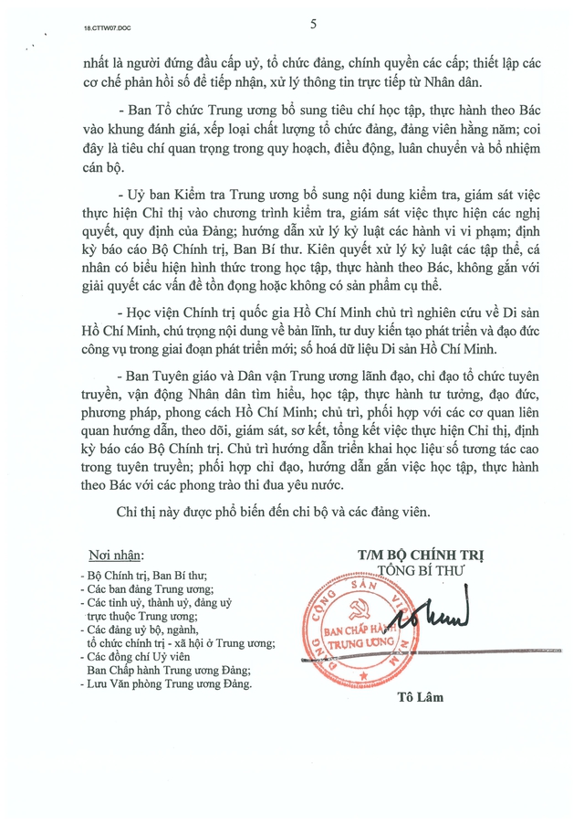 Chỉ thị số 07-CT/TW của Bộ Chính trị về "Đẩy mạnh học tập, thực hành tư tưởng, đạo đức, phương pháp, phong cách Hồ Chí Minh trong giai đoạn phát triển mới"- Ảnh 5.