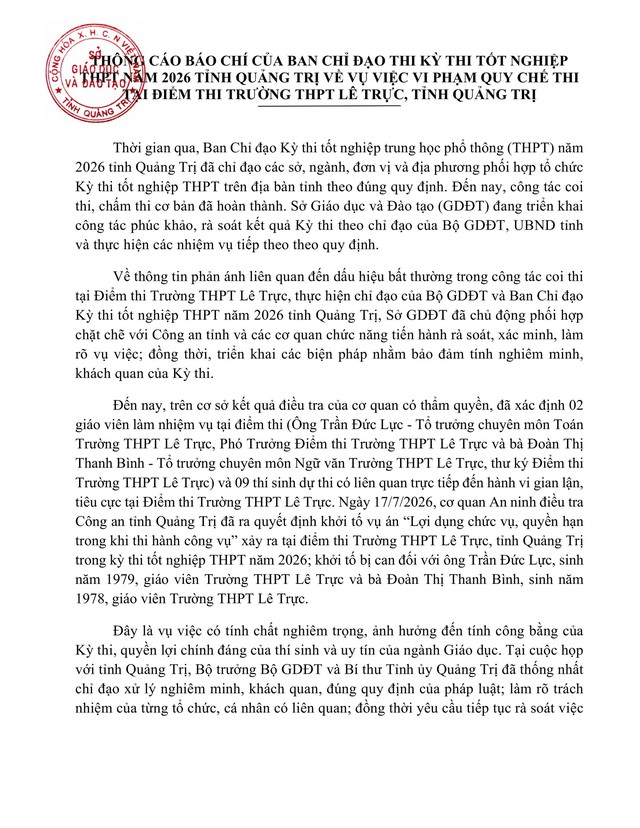 Vụ việc tại Điểm thi Trường THPT Lê Trực: Thông tin chính thức từ Bộ GDĐT và tỉnh Quảng Trị- Ảnh 1.