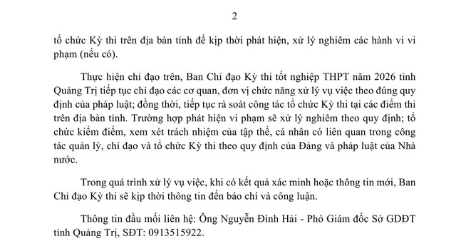 Vụ việc tại Điểm thi Trường THPT Lê Trực: Thông tin chính thức từ Bộ GDĐT và tỉnh Quảng Trị- Ảnh 2.