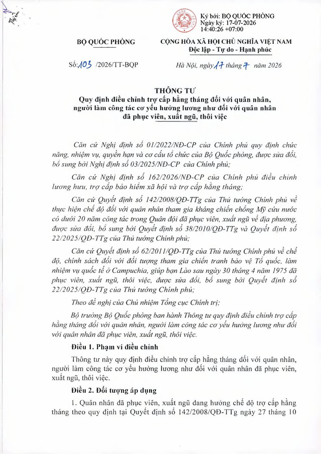 Thông tư số 103/2026/TT-BQP điều chỉnh trợ cấp hằng tháng đối với quân nhân, người làm công tác cơ yếu phục viên, xuất ngũ, thôi việc- Ảnh 3.