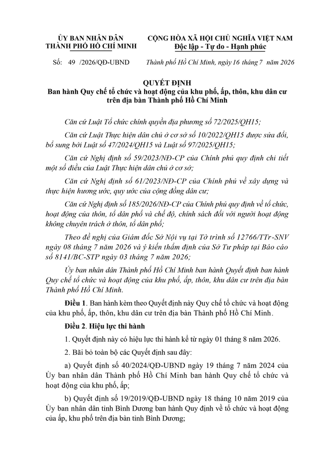 Quy chế tổ chức, hoạt động của khu phố, ấp, thôn, khu dân cư tại TP Hồ Chí Minh - Ảnh 1.
