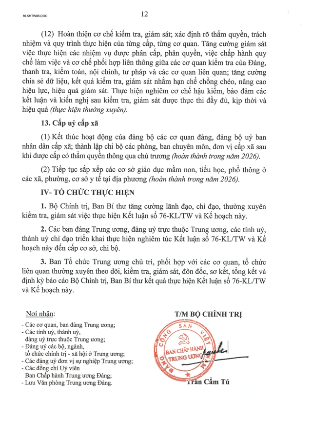 Kế hoạch số 06-KH/TW về tiếp tục hoàn thiện, vận hành hiệu quả mô hình tổ chức tổng thể của hệ thống chính trị, mô hình chính quyền địa phương 2 cấp- Ảnh 12.
