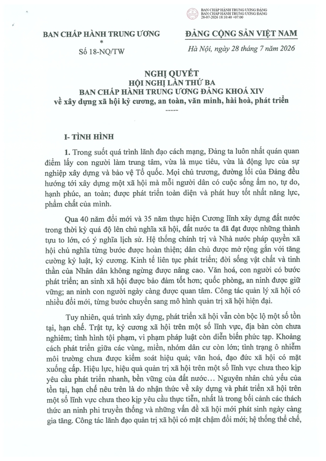 TOÀN VĂN: Nghị quyết số 18-NQ/TW về xây dựng xã hội kỷ cương, an toàn, văn minh, hài hòa, phát triển- Ảnh 1.