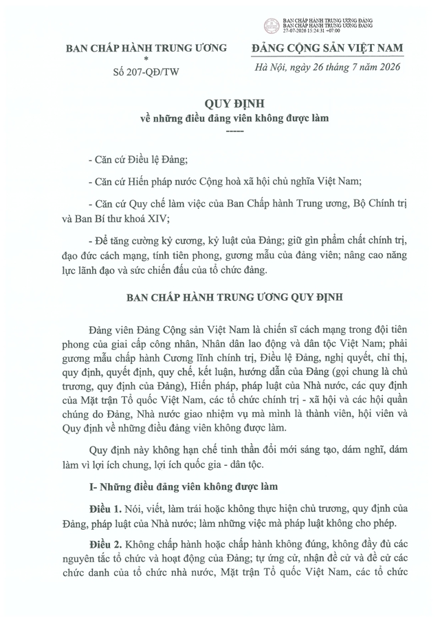 Quy định số 207-QĐ/TW về những điều đảng viên không được làm- Ảnh 3.