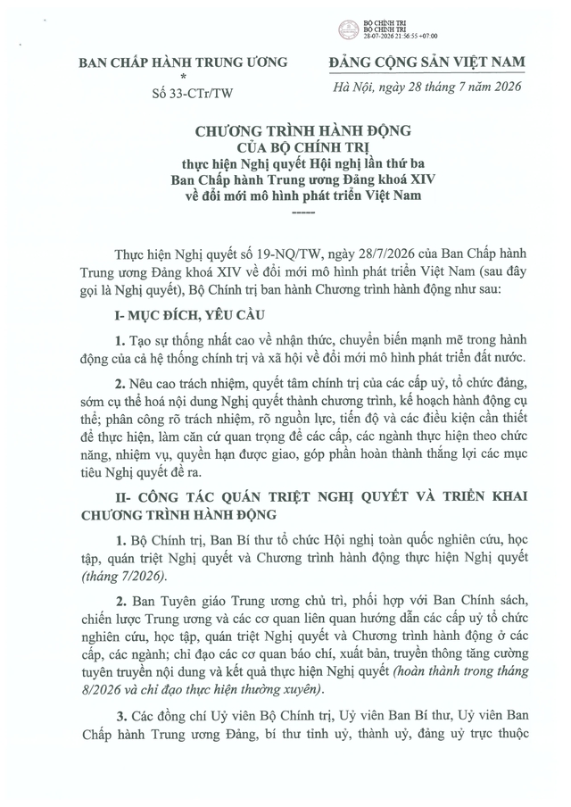 Chương trình số 33-Ctr/TW của Bộ Chính trị thực hiện Nghị quyết Hội nghị Trung ương 3 khóa XIV về đổi mới mô hình phát triển Việt Nam- Ảnh 1.