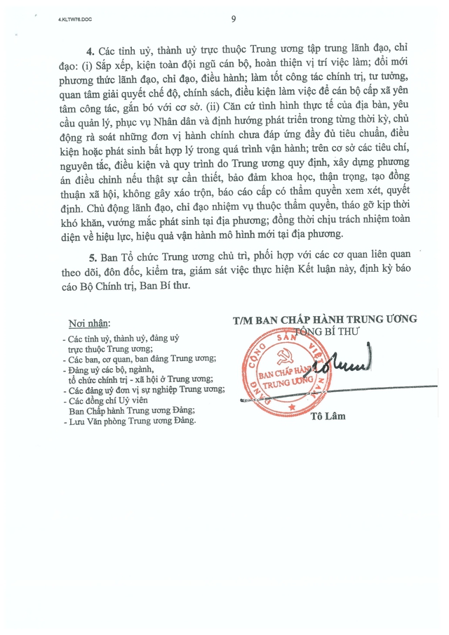Toàn văn Kết luận số 76-KL/TW về tiếp tục hoàn thiện, vận hành hiệu quả mô hình tổ chức tổng thể của hệ thống chính trị, mô hình chính quyền địa phương 2 cấp- Ảnh 9.