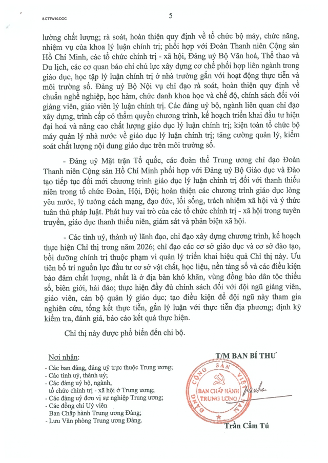 Chỉ thị số 10-CT/TW về tăng cường giáo dục lý luận chính trị, lý tưởng cách mạng, đạo đức, lối sống, ý thức công dân trong hệ thống giáo dục quốc dân, đáp ứng yêu cầu phát triển đất nước trong tình hình mới - Ảnh 5.