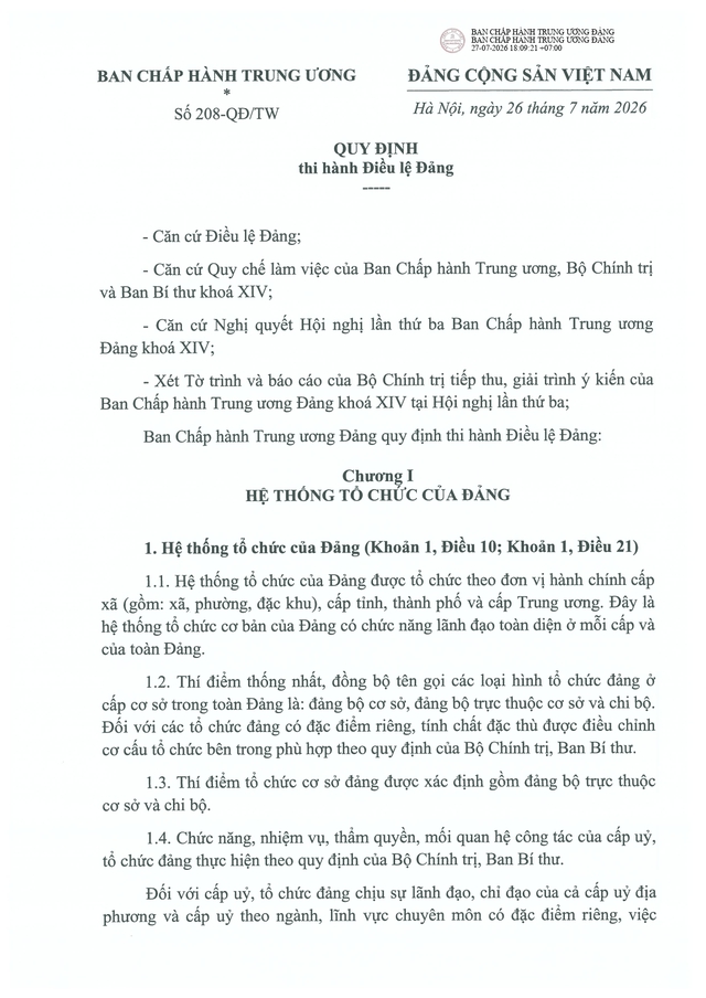 Quy định số 208-QĐ/TW về thi hành Điều lệ Đảng- Ảnh 2.