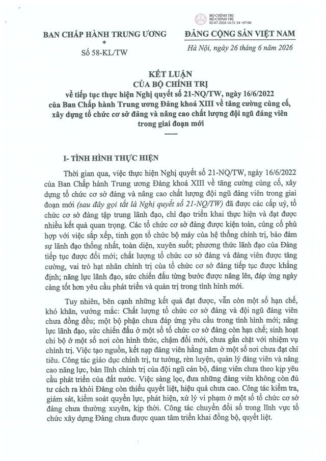Kết luận số 58-KL/TW của Bộ Chính trị về tổ chức cơ sở đảng và nâng cao chất lượng đội ngũ đảng viên- Ảnh 1.